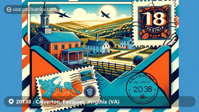 Modern illustration of Calverton, VA 20138, showcasing postal theme with airmail envelope, Fauquier County outline, Virginia State Route 28 symbol, and iconic Calverton Historic District buildings against a backdrop of Virginia countryside.