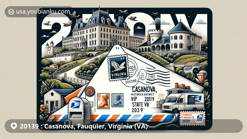 Modern illustration of Casanova, Fauquier, Virginia, highlighting the historic Melrose Castle, Casanova Historic District, and postal theme with ZIP code 20139, featuring airmail envelope, stamps, postmark, Virginia state outline, mailbox, and mail van.