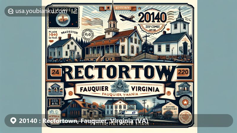 Modern illustration of Rectortown, Fauquier, Virginia, showcasing the Rectortown Historic District with Maidstone Ordinary, Rector-Slack Log House, Ashby House, and Rectortown United Methodist Church. Includes Virginia state symbols and postal elements with ZIP code 20140.