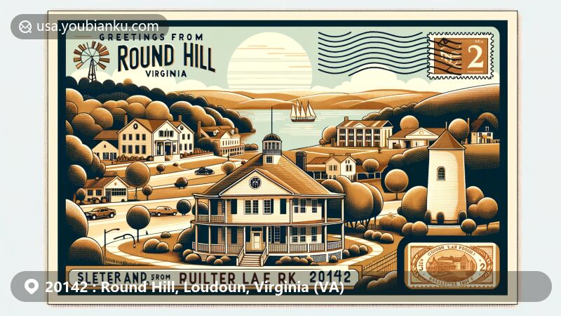 Modern illustration of Round Hill, Virginia, highlighting the Gregg-Parks-Potts House, Guilford Gregg Store, and Sleeter Lake Park, capturing the charm of ZIP code 20142.