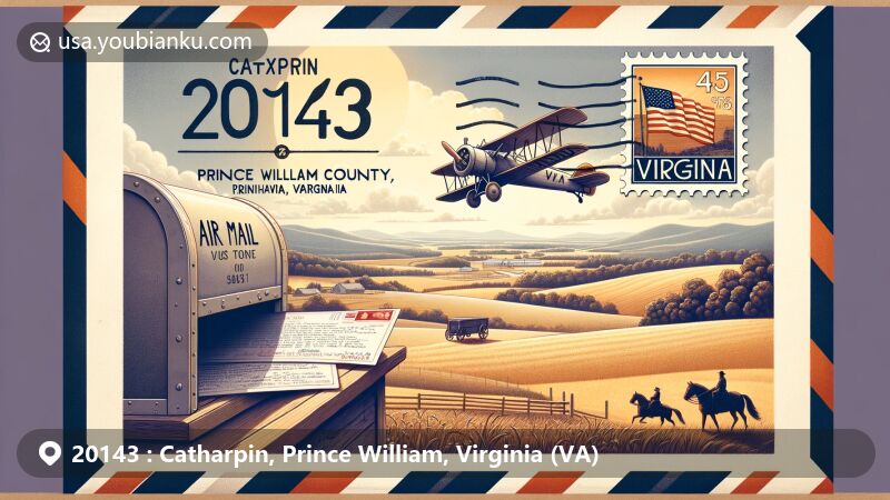 Vintage-style illustration of Catharpin, Prince William County, Virginia, featuring airmail envelope with ZIP code 20143, incorporating Virginia state flag postage stamp, rural scenery, and Bull Run Mountains in the background.