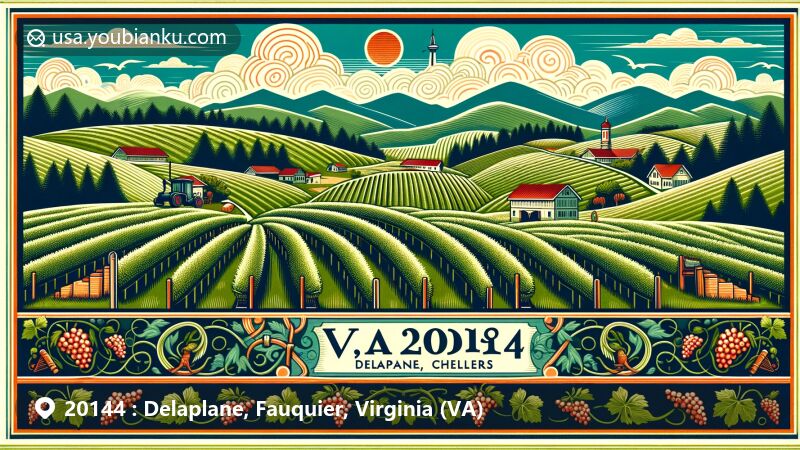 Modern illustration of Delaplane, Virginia, featuring Sky Meadows State Park and Delaplane Cellars, showcasing viticultural heritage and natural beauty in ZIP code 20144.