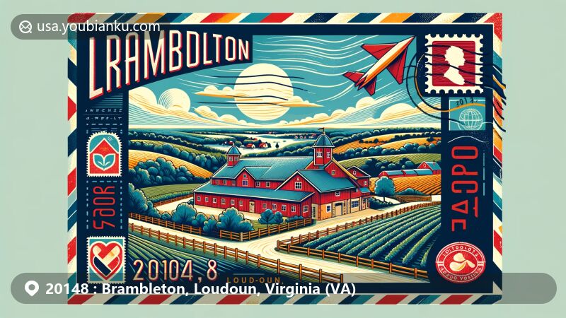Modern illustration of Brambleton, Loudoun, Virginia, showcasing postal theme with ZIP code 20148, featuring 'The Barn at Brambleton' against the backdrop of Northern Virginia's countryside, incorporating Virginia state flag and Loudoun County outline.