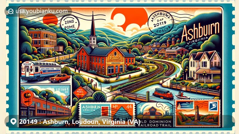 Modern illustration of Ashburn, Virginia, showcasing Bles Park, Old Dominion Railroad Trail, Heritage Farm Museum, and postal theme with '20149' ZIP code.