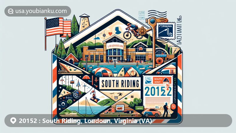 Modern illustration of South Riding, Loudoun County, Virginia, featuring ZIP code 20152 with a themed airmail envelope showcasing the Dulles South Recreation and Community Center, green spaces, and Virginia state symbols.