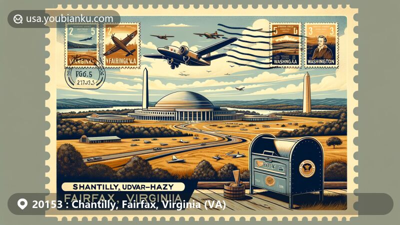 Modern illustration of Chantilly, Fairfax, Virginia, representing ZIP code 20153, featuring Steven F. Udvar-Hazy Center, Sully Historic Site, and Washington Monument in a vintage postcard style.