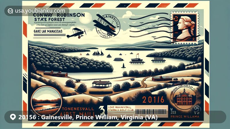 Modern illustration of Gainesville, Prince William County, Virginia, featuring Conway Robinson State Forest, Lake Manassas, and Stonewall Golf Club, styled as a postcard with postal stamp and postmark for ZIP code 20156.