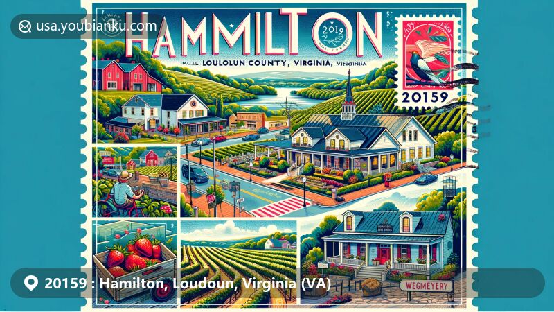 Modern illustration of Hamilton, Loudoun County, Virginia, showcasing postal theme with ZIP code 20159, featuring local landmarks like The Barns at Hamilton Station Vineyards and Wegmeyer Farms, as well as historic sites like the Hamilton Masonic Lodge and Janney House.