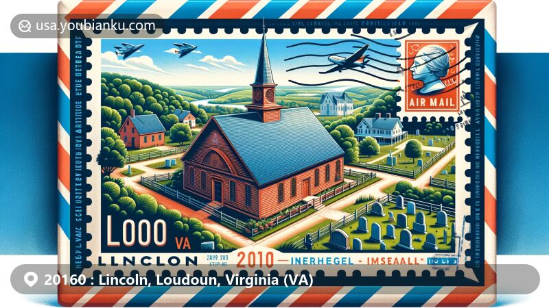 Modern illustration of Lincoln, Virginia, featuring Goose Creek Friends Meeting House, Quaker heritage, Loudoun Valley landscape, and Quaker graves in air mail envelope design with ZIP code 20160.