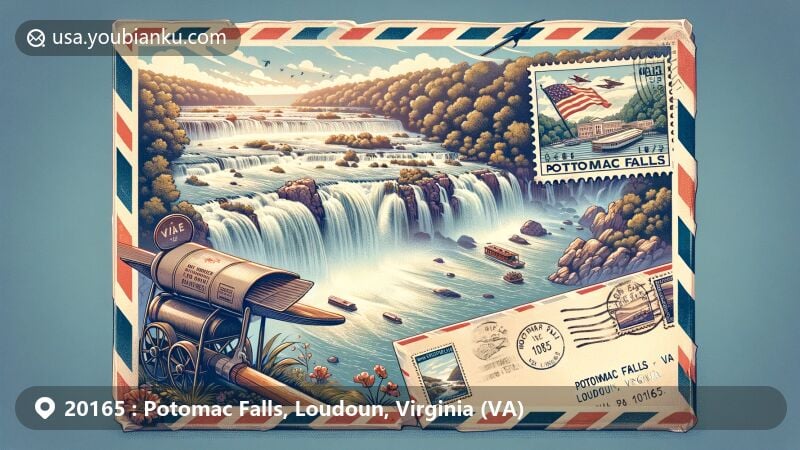 Modern illustration of Potomac Falls, Loudoun County, Virginia, highlighting natural beauty and postal heritage with vintage air mail envelope, postcard, and iconic view of the Great Falls, Potomac Falls, VA 20165.