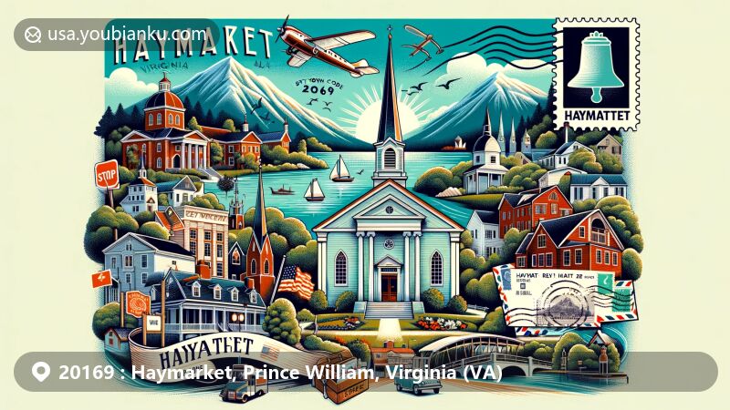 Modern illustration of Haymarket, Virginia, showcasing historical landmarks and postal theme with ZIP code 20169, including St. Paul's Church, Old Town Hall, Bull Run Mountains, Silver Lake Regional Park, and postal elements.
