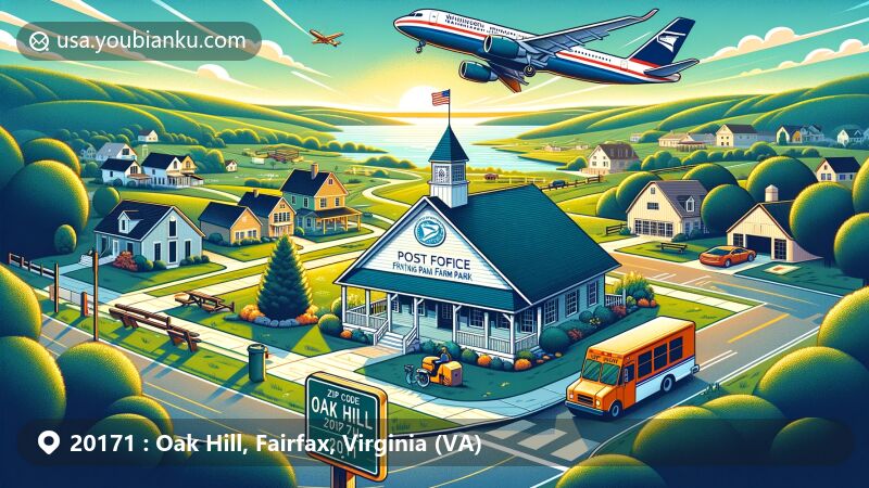 Vibrant illustration of Oak Hill, Fairfax County, Virginia, capturing the essence of suburban tranquility, featuring local post office and Frying Pan Farm Park, with a stylized depiction of Washington Dulles International Airport, set against a backdrop of rolling landscape and homes, enclosed by an airmail envelope with ZIP code 20171.