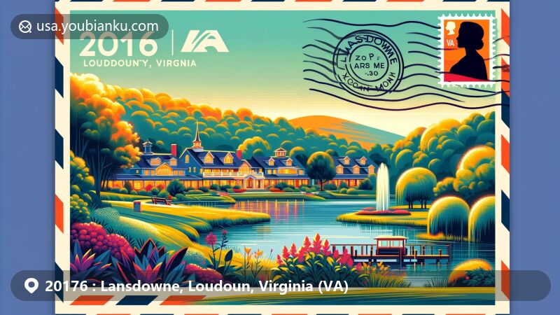 现代插图展示了维吉尼亚州劳登县朗斯代尔20176邮政编码地区，突出了朗斯代尔度假村的风格化描绘，以及周围郁郁葱葱的绿色植被，展示了该地区的自然美。