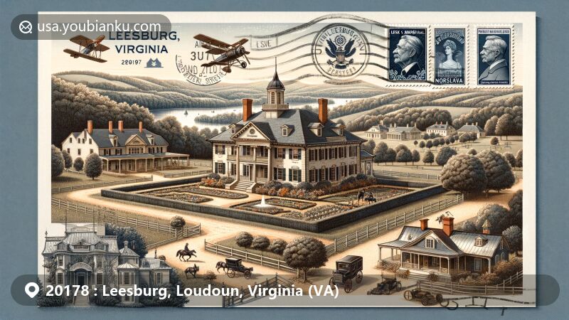 Modern illustration of Leesburg, Virginia's postal code 20178, presented on a vintage air mail envelope featuring stamps and postmarks, showcasing George C. Marshall's Dodona Manor, Oatlands Historic House and Gardens, Morven Park, and Leesburg Historic District, with Virginia state symbols.