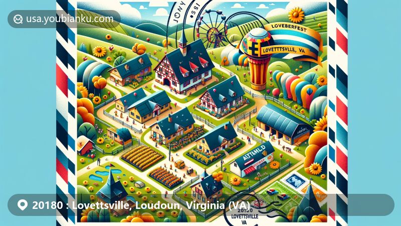 Vibrant illustration of Lovettsville, Virginia, with German heritage elements and aerial view of Loudoun County's countryside, featuring Oktoberfest decorations and airmail postal theme.