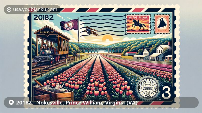 Modern illustration of Nokesville, Virginia, showcasing postal theme with ZIP code 20182, featuring Burnside Farms tulip fields, Nokesville Truss Bridge, and Virginia state flag.