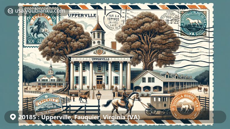 Modern illustration of Upperville, Fauquier County, Virginia, featuring Upperville Historic District and Upperville Colt & Horse Show, showcasing architectural styles of Greek Revival, Italianate, and Federal, with symbols of the horse show.