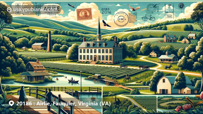 Modern illustration of Airlie area, Fauquier County, Virginia, featuring historic manor house, Old Jail Museum, vineyard, and outdoor activities, against lush countryside backdrop with a touch of romance and postal theme.