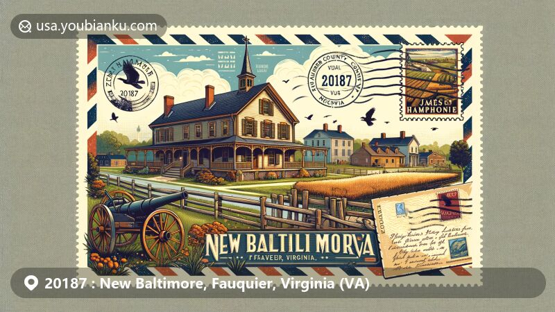 Modern illustration of New Baltimore Historic District, Fauquier County, Virginia, inspired by Civil War history and agricultural heritage, featuring vintage postcard theme with James Hampton Tavern as central element and postal motifs like envelope, stamp, and postmark for ZIP code 20187.