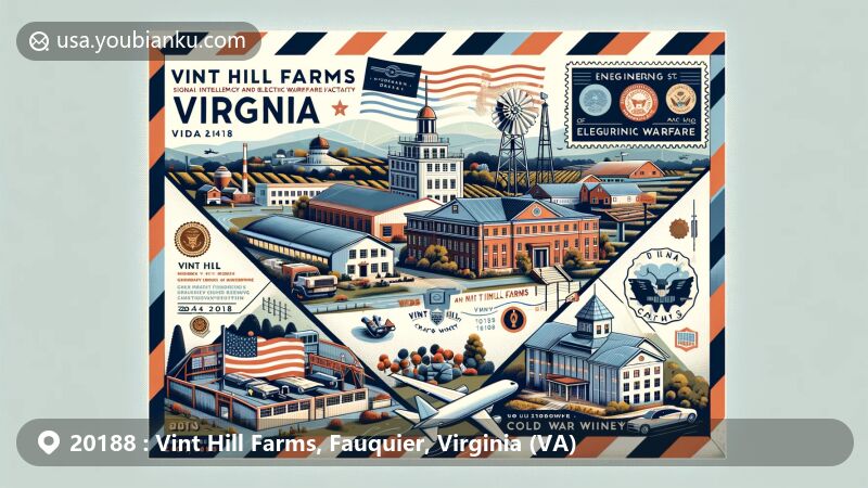Modern illustration of Vint Hill Farms, Virginia, fusing state flag, Vint Hill Craft Winery, and postal elements with ZIP code 20188 in airmail envelope.
