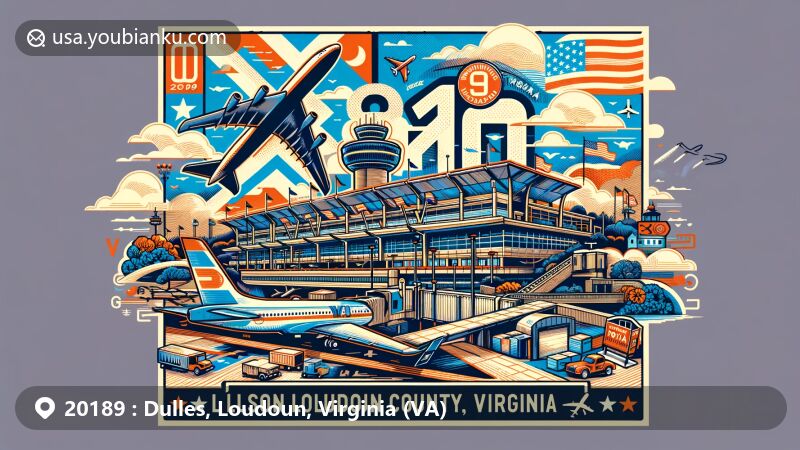Modern illustration of Dulles, Loudoun County, Virginia, featuring Washington Dulles International Airport, Virginia state flag elements, and postal themes like airmail envelope and postage stamp.