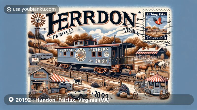Modern illustration of downtown Herndon, Fairfax County, Virginia, featuring Norfolk Southern Railway caboose in W&OD Railroad livery, representing town's railroad history and hike-and-bike trail, with Frying Pan Farm Park elements and Virginia's natural beauty.