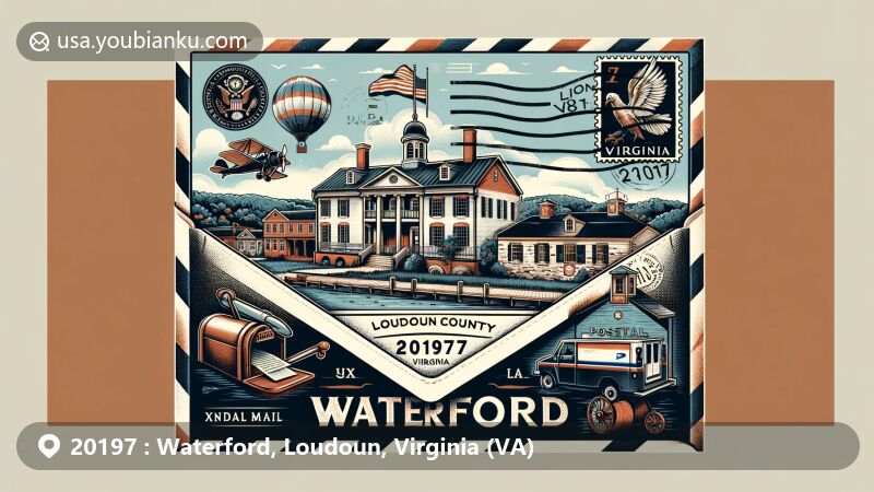 Modern illustration of Waterford, Loudoun County, Virginia, featuring vintage air mail theme with Virginia state flag, Loudoun County outline, historic architecture, and scenic landscapes.