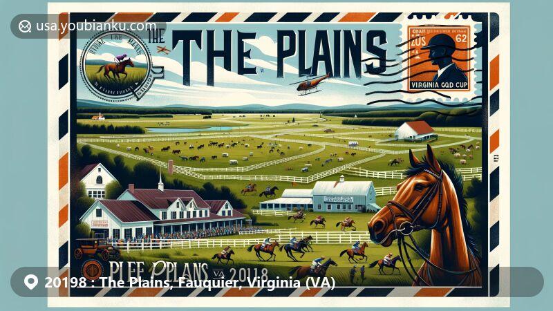 Modern illustration of The Plains, Fauquier County, Virginia, blending equestrian tradition with postal elements, featuring Virginia Gold Cup steeplechase and Great Meadow, highlighting town's serene beauty and postal identity.