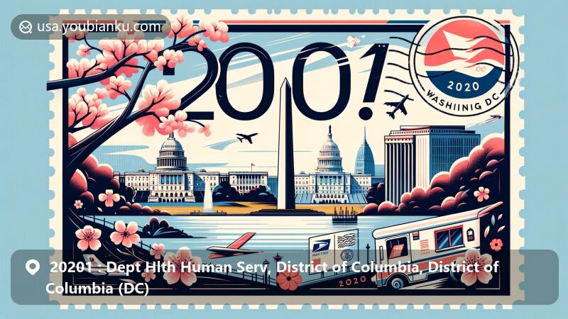 Modern illustration of Washington, DC, featuring ZIP code 20201, showcasing iconic landmarks like the Washington Monument, the White House, and a cherry blossom tree.