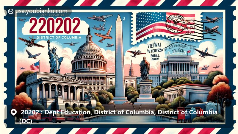 Vibrant illustration of ZIP Code 20202 in Dept Education, District of Columbia, featuring iconic landmarks of Washington D.C. with postal elements like airmail envelope, stamps, and mail-related symbols.