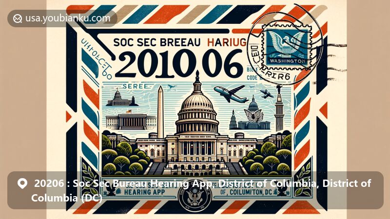 Modern illustration of Soc Sec Bureau Hearing App area in Washington, DC, showcasing iconic landmarks like the Capitol Building and Washington Monument, presented in vintage air mail envelope with ZIP code 20206.
