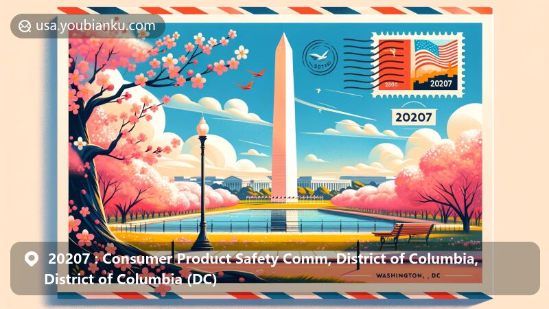 Modern illustration of Washington, DC, showcasing the iconic Washington Monument and cherry blossoms, with a District of Columbia flag stamp, featuring ZIP code 20207 in a creative postcard design.