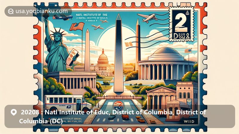Modern illustration of Natl Institute of Educ area in Washington, D.C., featuring iconic landmarks like Jefferson Memorial, Lincoln Memorial, Washington Monument, and National World War II Memorial, creatively framed with postal theme and ZIP code 20208.