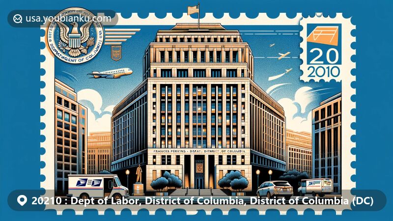Modern illustration of Frances Perkins Building, Dept of Labor, Washington, D.C., with ZIP code 20210, featuring postal elements and workforce diversity symbols.