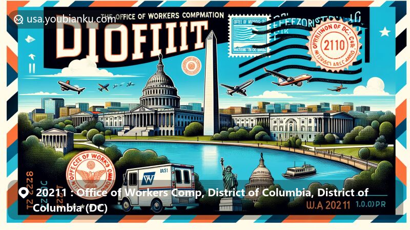 Modern illustration of the Office of Workers Compensation in Washington D.C., featuring iconic landmarks like the Washington Monument, Jefferson Memorial, and the U.S. Capitol, with postal elements and the ZIP code 20211.