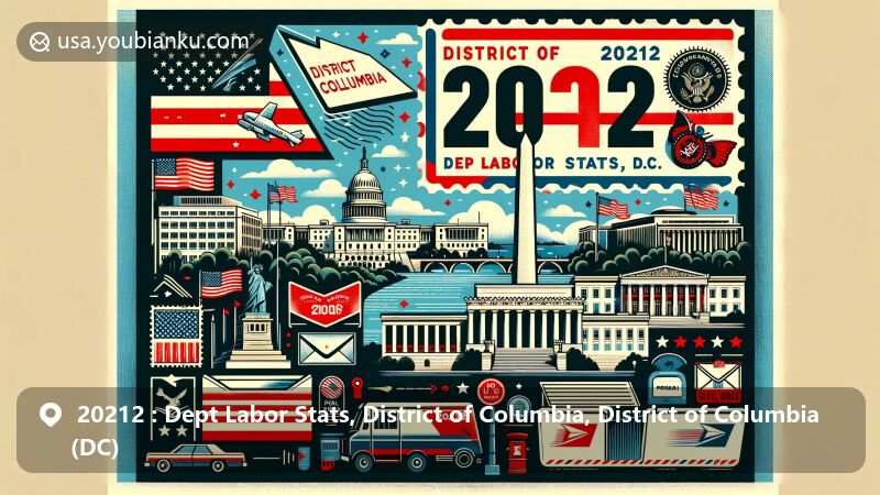 Modern illustration of Washington, D.C., with ZIP code 20212, featuring Dept Labor Stats, landmarks like Lincoln Memorial, Washington Monument, and U.S. Capitol, vintage airmail elements, and D.C. postal motifs.