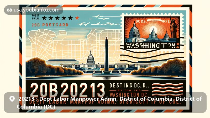 Modern illustration of Washington DC, showcasing iconic landmarks: the Washington Monument and U.S. Capitol Building, with vintage postage stamp motif and airmail-style border.