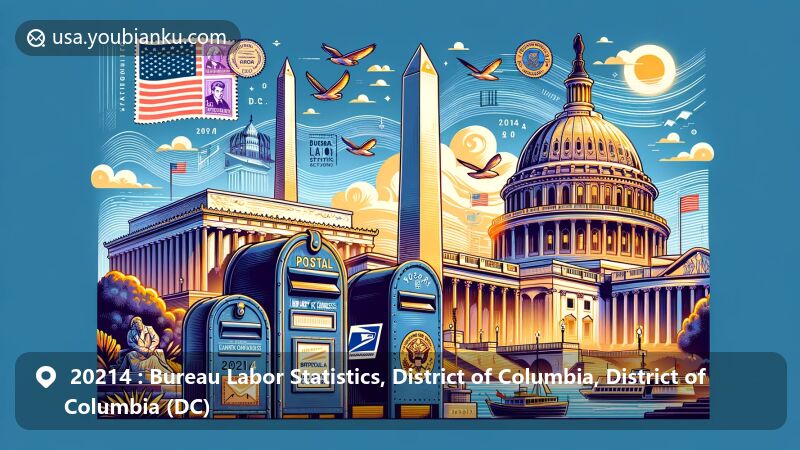 Modern illustration of the Bureau of Labor Statistics in District of Columbia, showcasing iconic landmarks of Washington D.C. and postal elements, including Lincoln Memorial, Washington Monument, and U.S. Capitol with postal designs like mailbox, postmarks, and '20214' stamp.