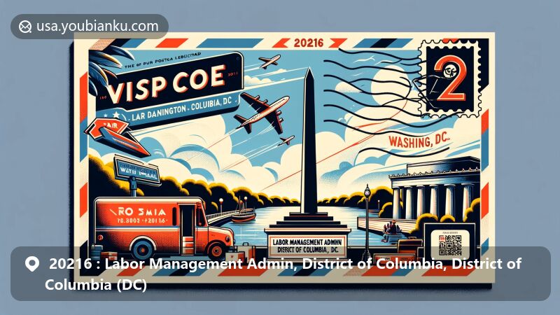 Modern illustration of ZIP code 20216, Labor Management Admin, District of Columbia (DC), blending Washington Monument with postal theme, featuring air mail envelope and postage stamp, with postmark '20216, Labor Management Admin, DC'.