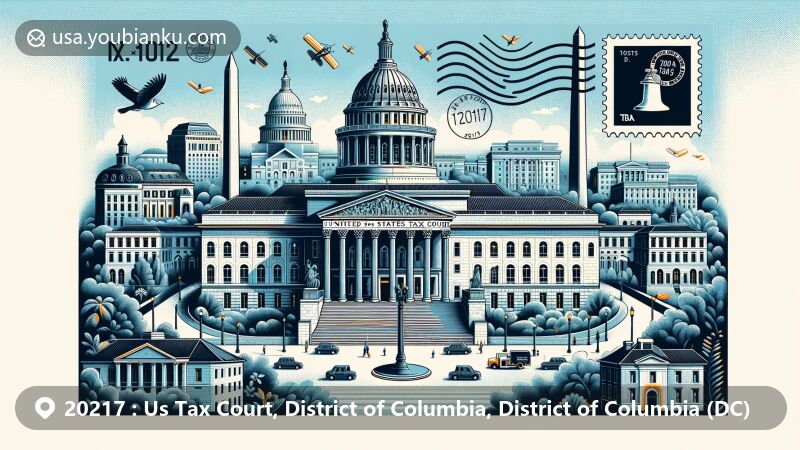 Modern illustration of United States Tax Court building in Washington D.C., surrounded by iconic landmarks like the White House and Capitol Hill, presented as a creative postcard with ZIP Code 20217.