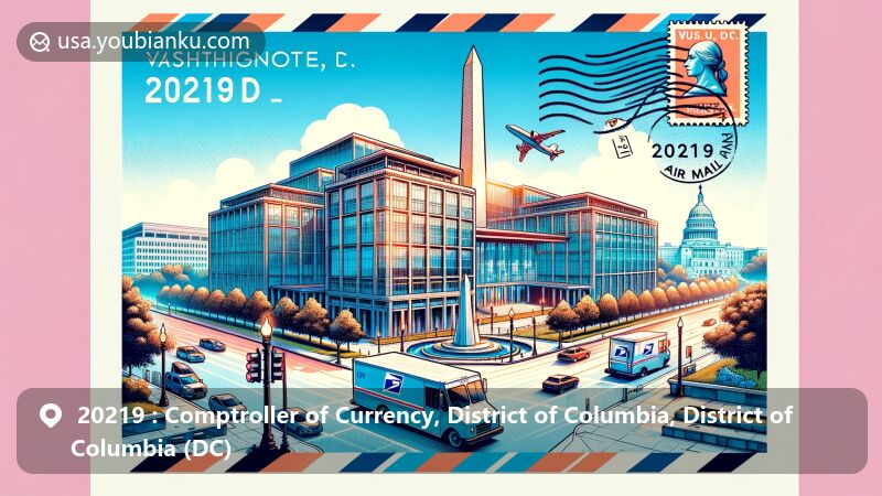 Modern illustration of ZIP Code 20219 representing the Comptroller of Currency, District of Columbia, featuring Constitution Center, Washington Monument, and U.S. Capitol.
