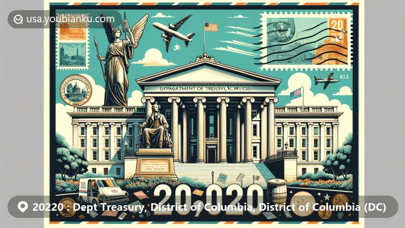 Modern illustration of the Treasury Building in Washington, D.C., highlighting ZIP code 20220 with Greek Ionic columns and the statue of Alexander Hamilton, combining financial history and postal elements.