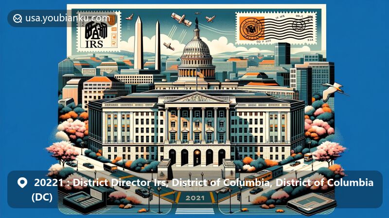 Modern illustration of Washington, D.C., showcasing ZIP code 20221 with IRS Headquarters Building at the center, surrounded by iconic landmarks like the Capitol, Washington Monument, and cherry blossoms.