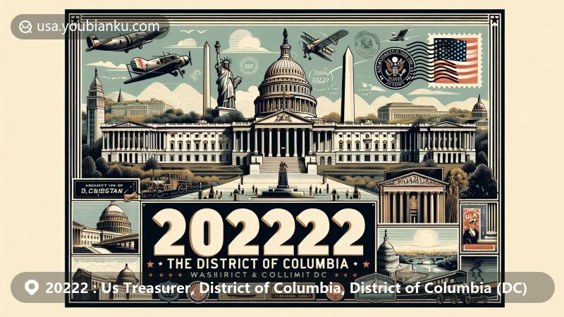 Modern illustration of ZIP code 20222, depicting the US Treasury in Washington, DC, surrounded by iconic landmarks like the U.S. Capitol, World War II Memorial, and more.