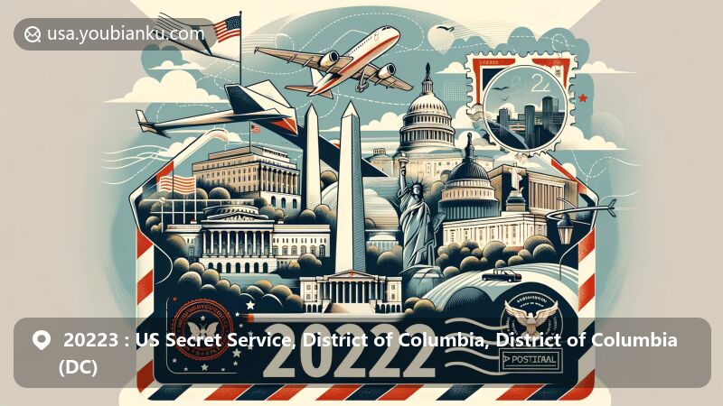 Modern illustration of Washington, DC with iconic landmarks and postal elements, showcasing airmail envelope adorned with stamps and postmark, emphasizing '20223' ZIP code.