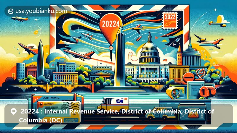 Creative illustration of ZIP code 20224 in the IRS area, Washington, DC, featuring iconic elements like the Washington Monument and postal communication theme with stamps, postmark '20224', and mail vehicle, all set on a stylized postcard or air mail envelope.