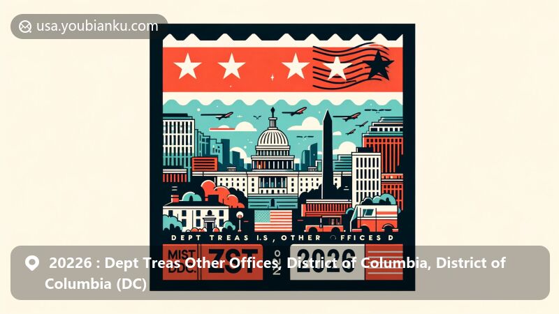 Modern illustration of the Dept Treas Other Offices area in Washington D.C., DC, showcasing iconic symbols like the White House, U.S. Capitol, Washington Monument, and the DC flag with red stars and bars, featuring ZIP code 20226.