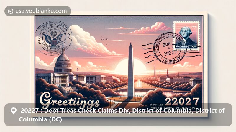 Modern illustration of Dept Treas Check Claims Div, District of Columbia, DC, showcasing vintage-style postcard with Washington Monument, White House, and postal elements, capturing the heart of the nation's capital.