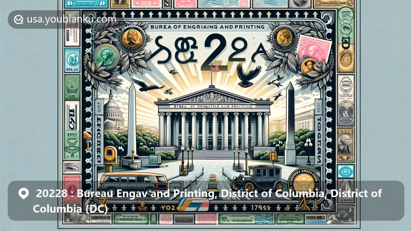 Modern illustration of ZIP code 20228, showcasing Bureau of Engraving and Printing in DC with neoclassical architecture, featuring iconic Washington D.C. landmarks like Jefferson Memorial.