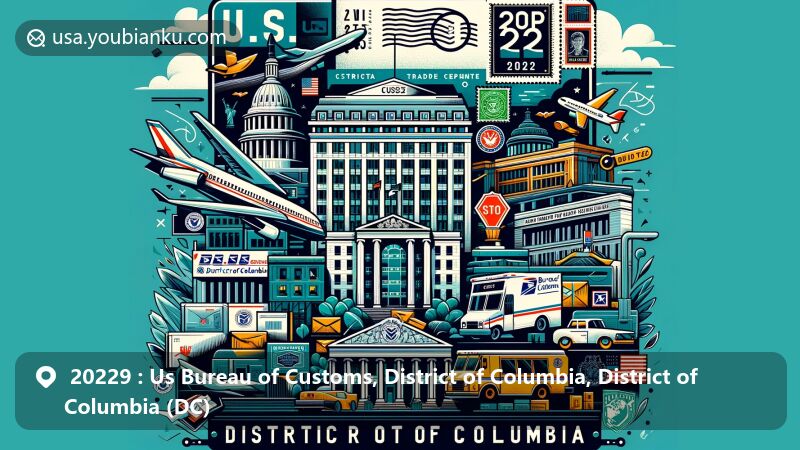 Modern illustration of the U.S. Bureau of Customs in the District of Columbia, featuring the Ronald Reagan Building, vintage air mail elements, and the ZIP Code 20229.